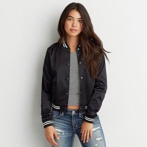 American Eagle Black Satin Bomber Jacket with Striped Trim and Pockets size XL